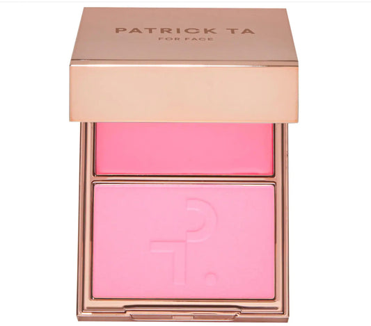 PATRICK TA 
Major Headlines Double-Take Crème & Powder Blush Duo.                                             Color: Just Enough - soft blue pink
Size 0.17 oz crème and 0.17 oz powder/5 g crème and 5 g powder