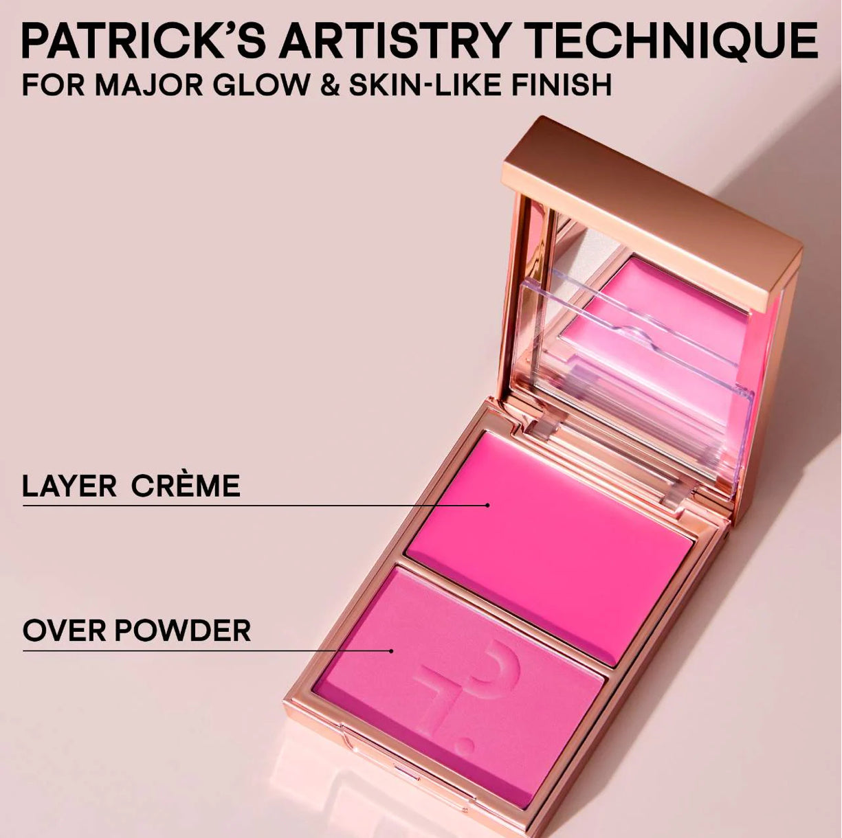 PATRICK TA 
Major Headlines Double-Take Crème & Powder Blush Duo.                                             Color: She's Giving - vibrant blue pink
Size 0.17 oz crème and 0.17 oz powder/5 g crème and 5 g powder