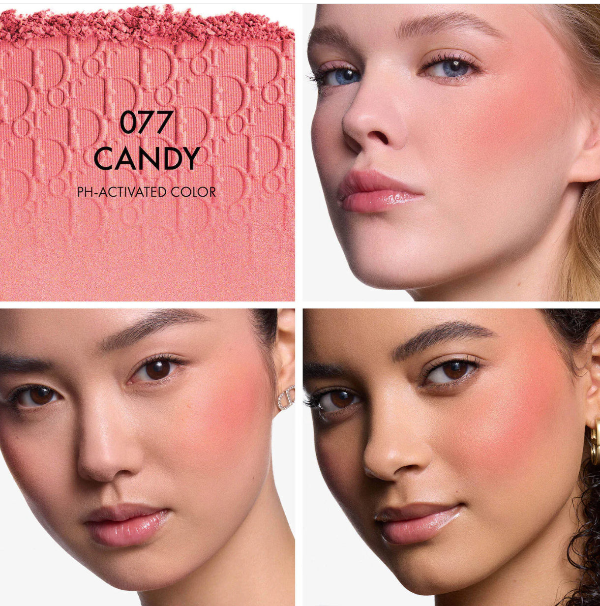 DIOR 
Rosy Glow Powder Blush.                                   Color: 077 Candy - a pearlescent bubblegum pink
Size 0.2 oz/4.5 g