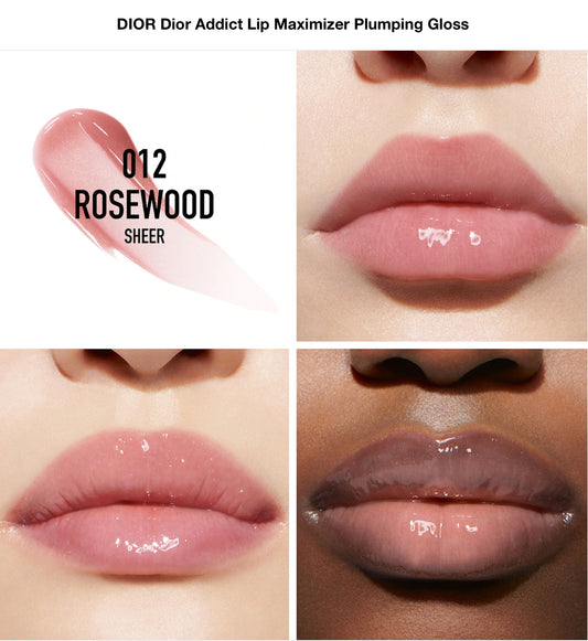 DIOR 
Dior Addict Lip Maximizer Plumping Gloss.            Color: 012 Rosewood - a sheer rosewood nude.
Size 0.2 oz / 6 mL
