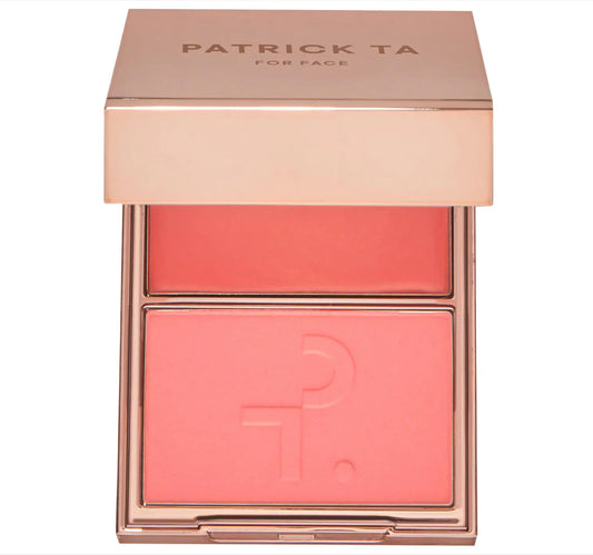 PATRICK TA 
Major Headlines Double-Take Crème & Powder Blush Duo.                                               Color: She's the Moment (soft tangerine) - golden peach
Size 0.17 oz crème and 0.17 oz powder/5 g crème and 5 g powder